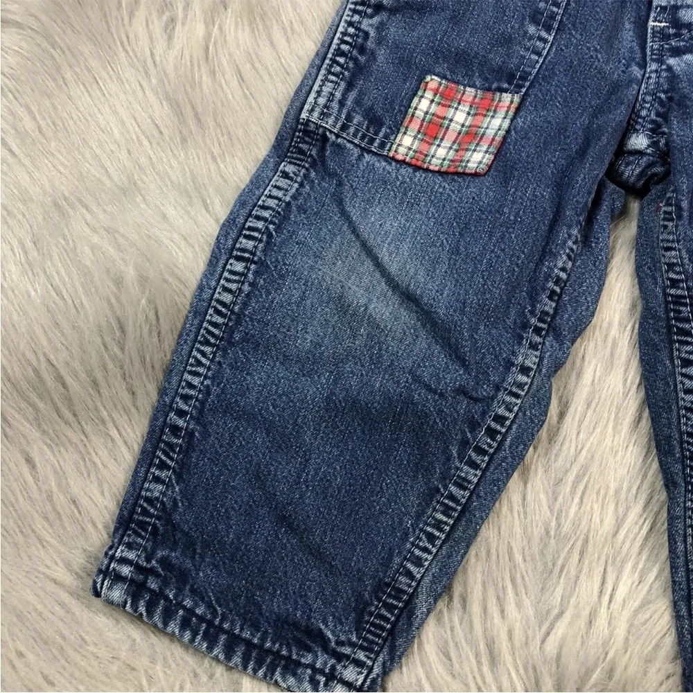 Vintage Toddler Oshkosh Bgosh Denim Blue Red Plaid Flannel Lined Overalls